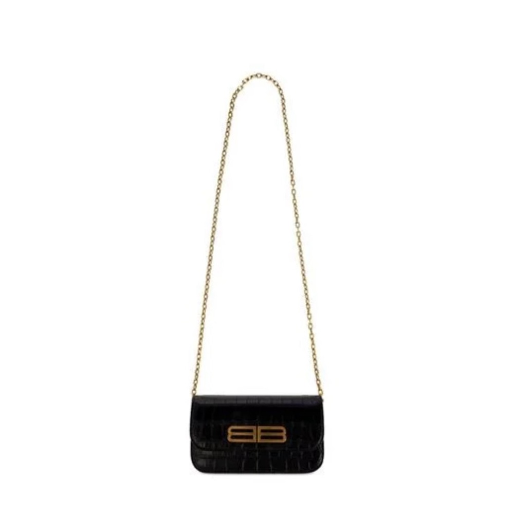 Balenciaga Black Croc-Embossed Leather Crossbody with Gold Chain - Picture 3 of 8